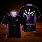 Custom Team Black Blue Neon Bowling Hawaiian Shirt, Custom Bowling Shirt
