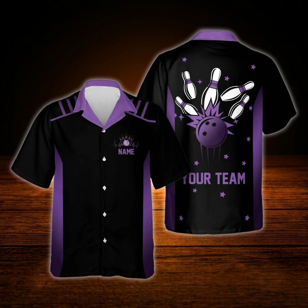 Custom Team Black Blue Neon Bowling Hawaiian Shirt, Custom Bowling Shirt