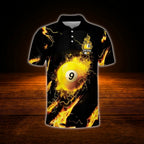 Custom 9 Ball Black And Yellow Flame Billiard Men Polo Shirt, Custom 9 Ball Team Billiard Shirt