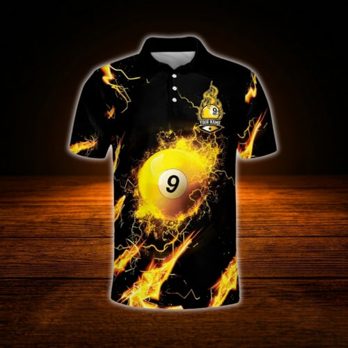 Custom 9 Ball Black And Yellow Flame Billiard Men Polo Shirt, Custom 9 Ball Team Billiard Shirt