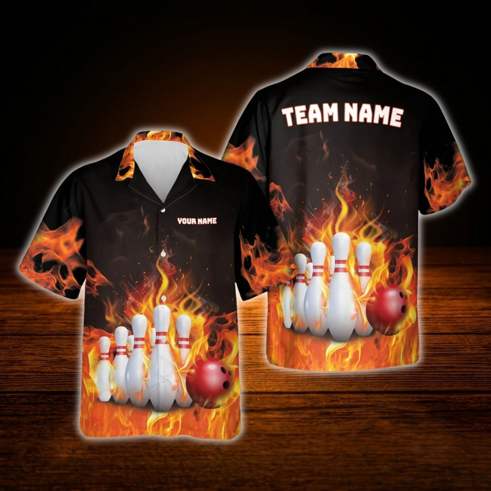 Custom Fire Bowling Hawaiian Shirt For Men, Custom Flame Bowling Shirt Team