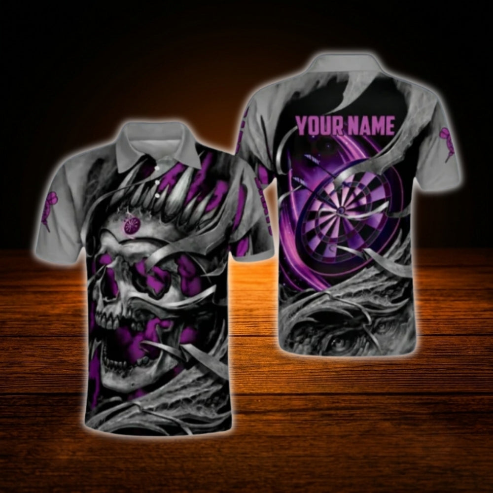 Custom Skeleton Purple Grey Darts Polo Shirt Men, Custom Skull Darts Team Shirt