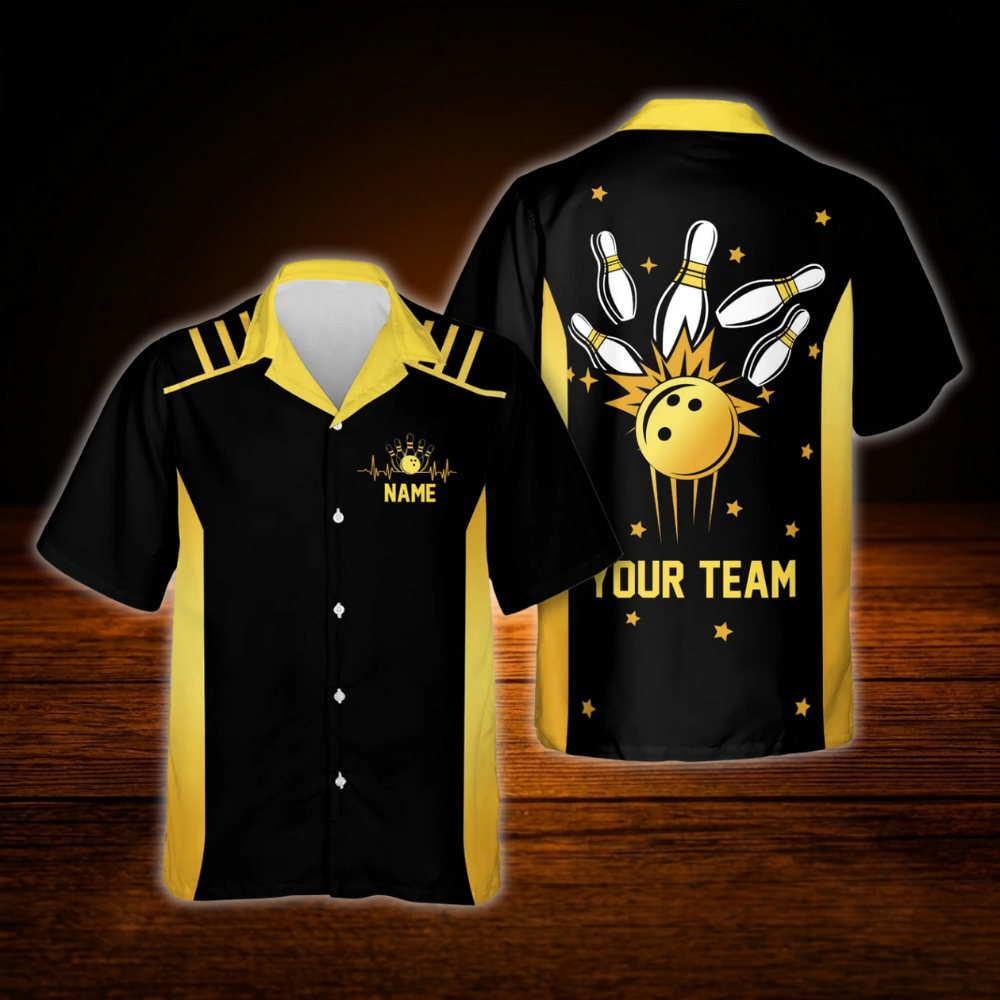 Custom Team Black Blue Neon Bowling Hawaiian Shirt, Custom Bowling Shirt