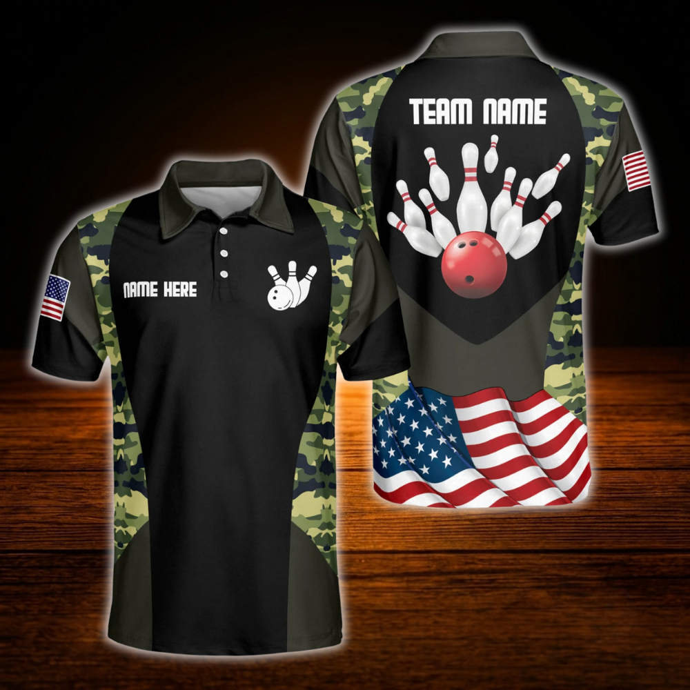 Custom USA Flag Camouflage Bowling Men Polo Shirt, Custom Camo Bowling Team Shirt