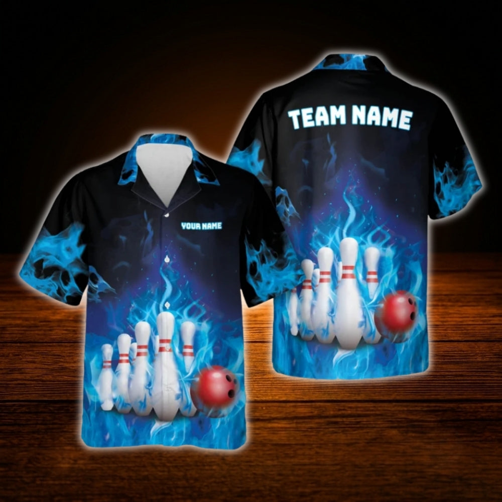 Custom Fire Bowling Hawaiian Shirt For Men, Custom Flame Bowling Shirt Team
