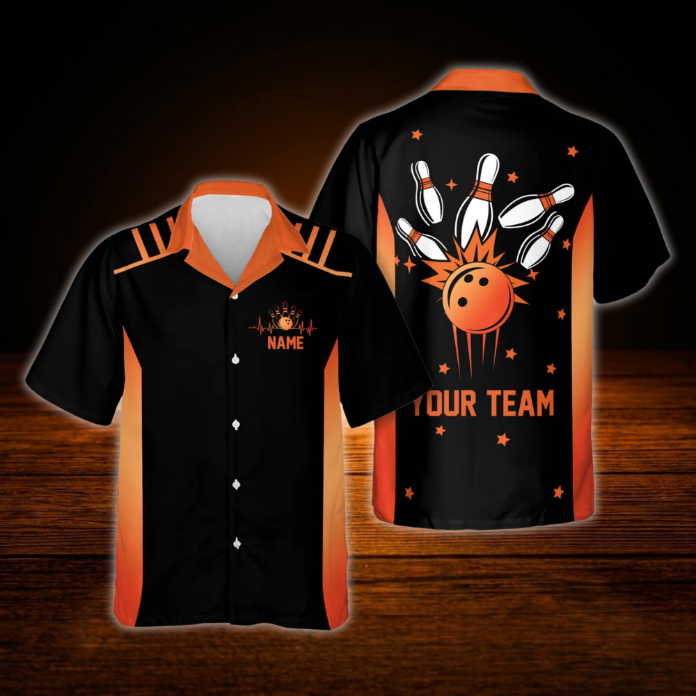 Custom Team Black Blue Neon Bowling Hawaiian Shirt, Custom Bowling Shirt