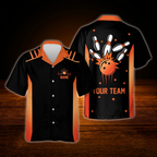 Custom Team Black Blue Neon Bowling Hawaiian Shirt, Custom Bowling Shirt