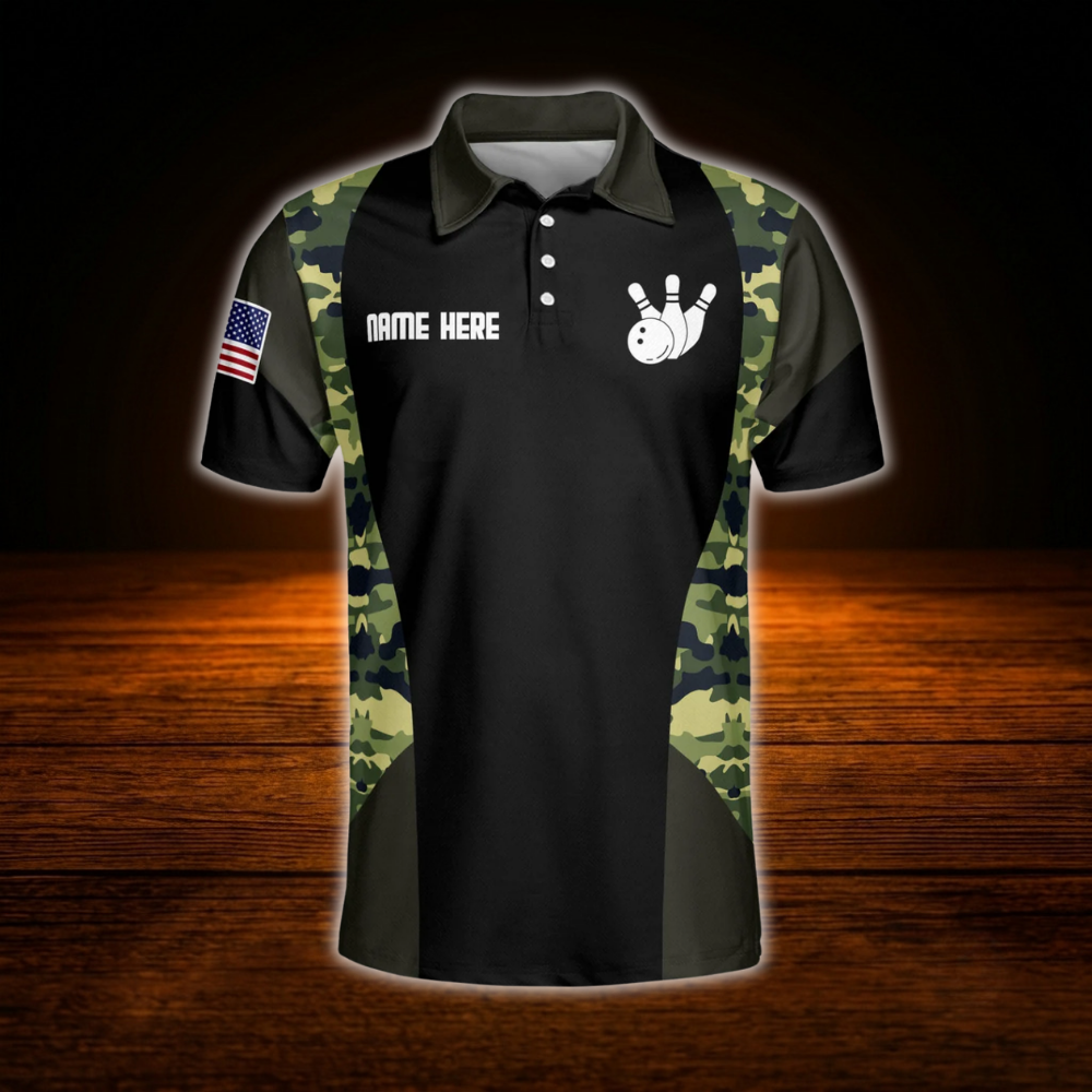 Custom USA Flag Camouflage Bowling Men Polo Shirt, Custom Camo Bowling Team Shirt