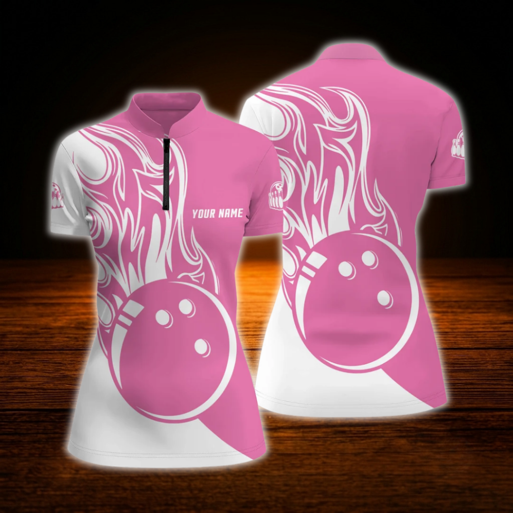 Custom Pink Flame Bowling Jersey For Women, Custom Flame Bowling Shirt Women