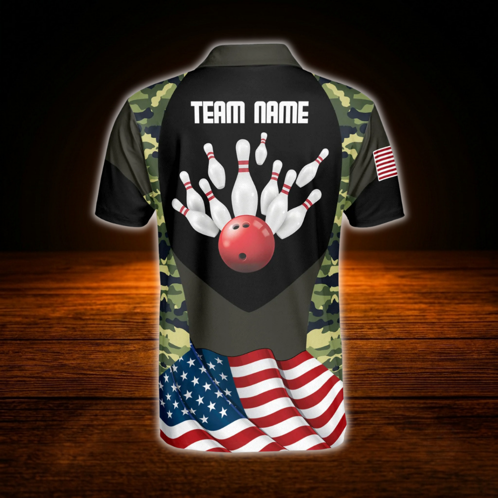 Custom USA Flag Camouflage Bowling Men Polo Shirt, Custom Camo Bowling Team Shirt