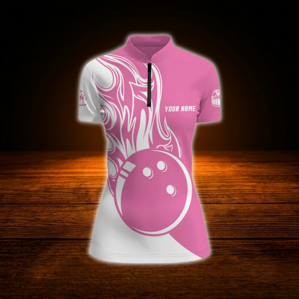 Custom Pink Flame Bowling Jersey For Women, Custom Flame Bowling Shirt Women