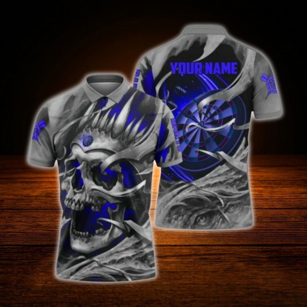Custom Skeleton Purple Grey Darts Polo Shirt Men, Custom Skull Darts Team Shirt