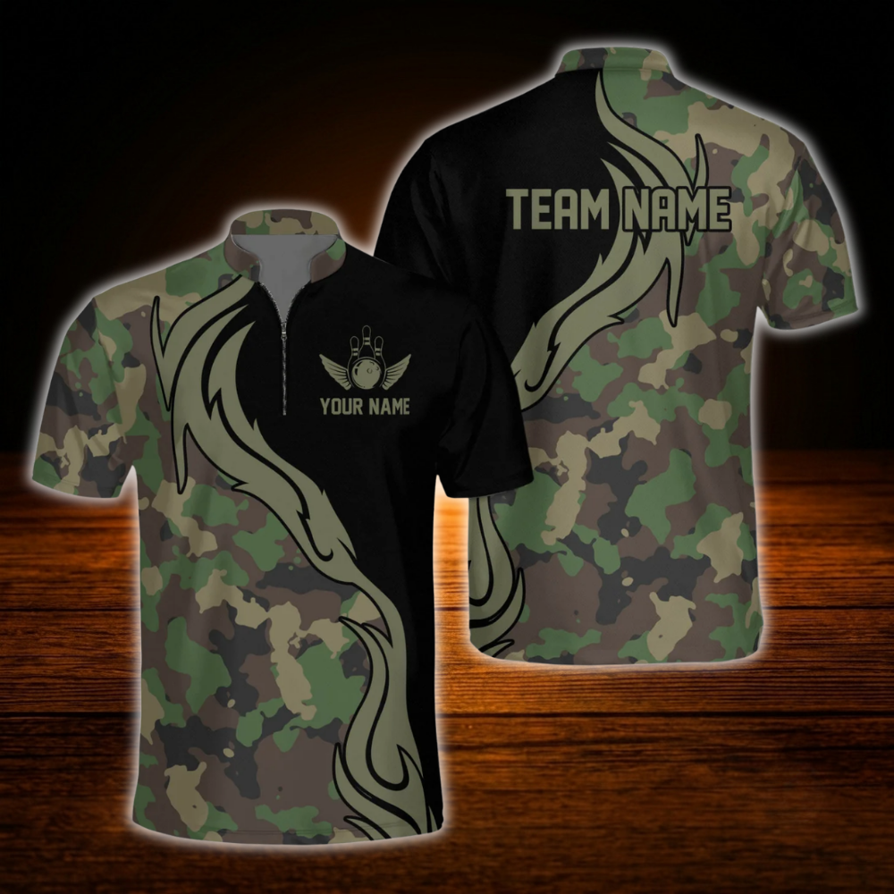 Green Camouflage Custom Mens Bowling Jersey, Custom Camo Bowling Shirt Team
