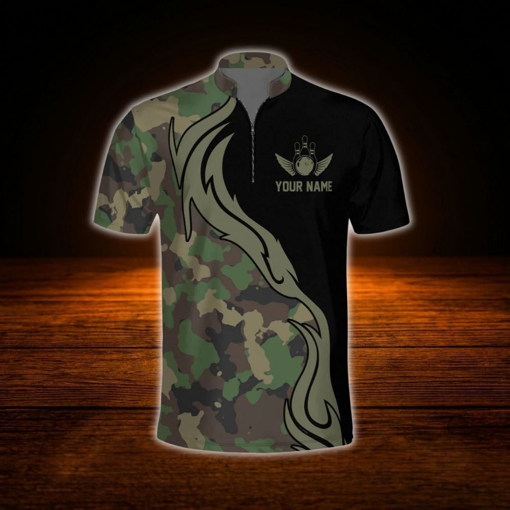 Green Camouflage Custom Mens Bowling Jersey, Custom Camo Bowling Shirt Team