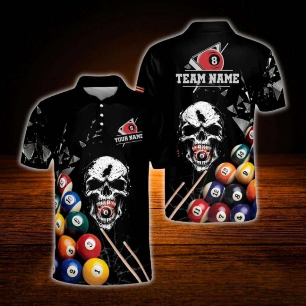 Custom Skull Billiard Polo Shirt For Men, Custom Skull Billiard Team Shirt
