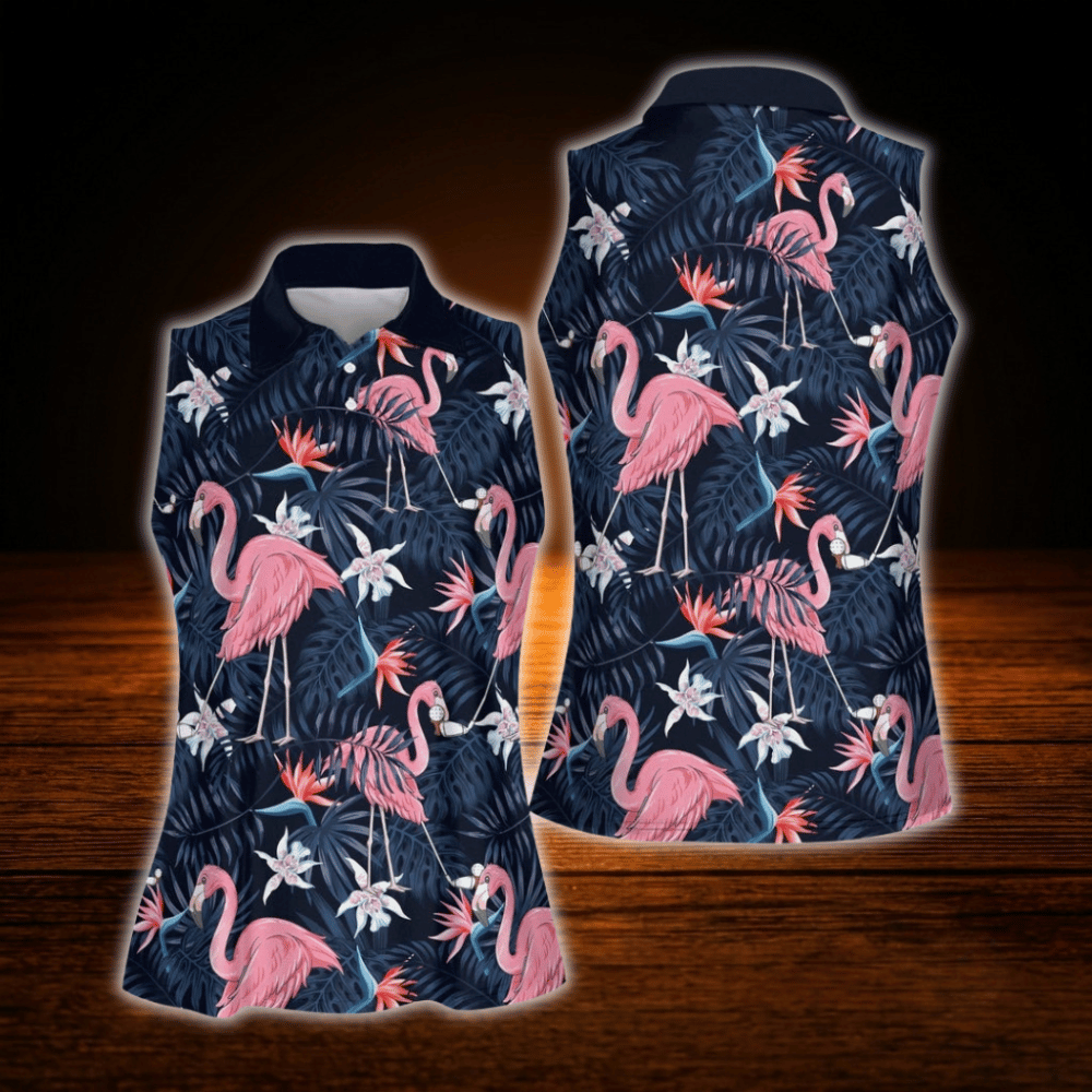 Women's Flamingo Tropical Sleeveless Golf Shirts, Flamingo Golf Shirts For Ladies