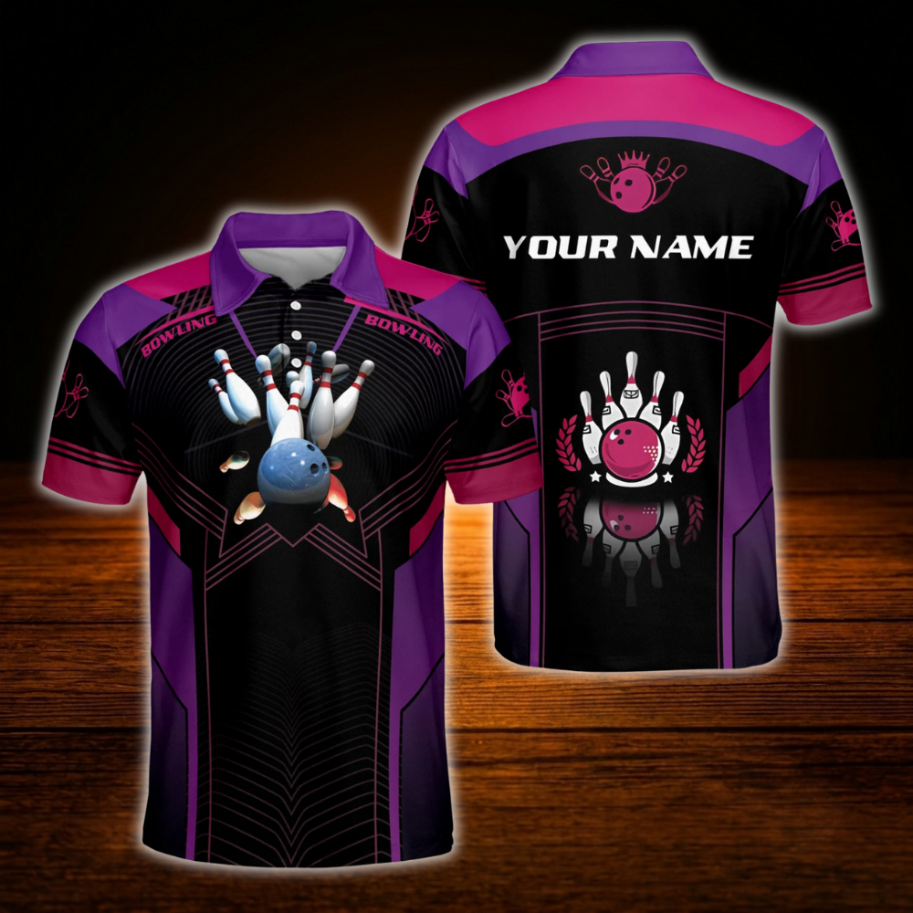 Custom Name Black Purple Bowling Polo Shirt For Men, Custom Bowling Shirt