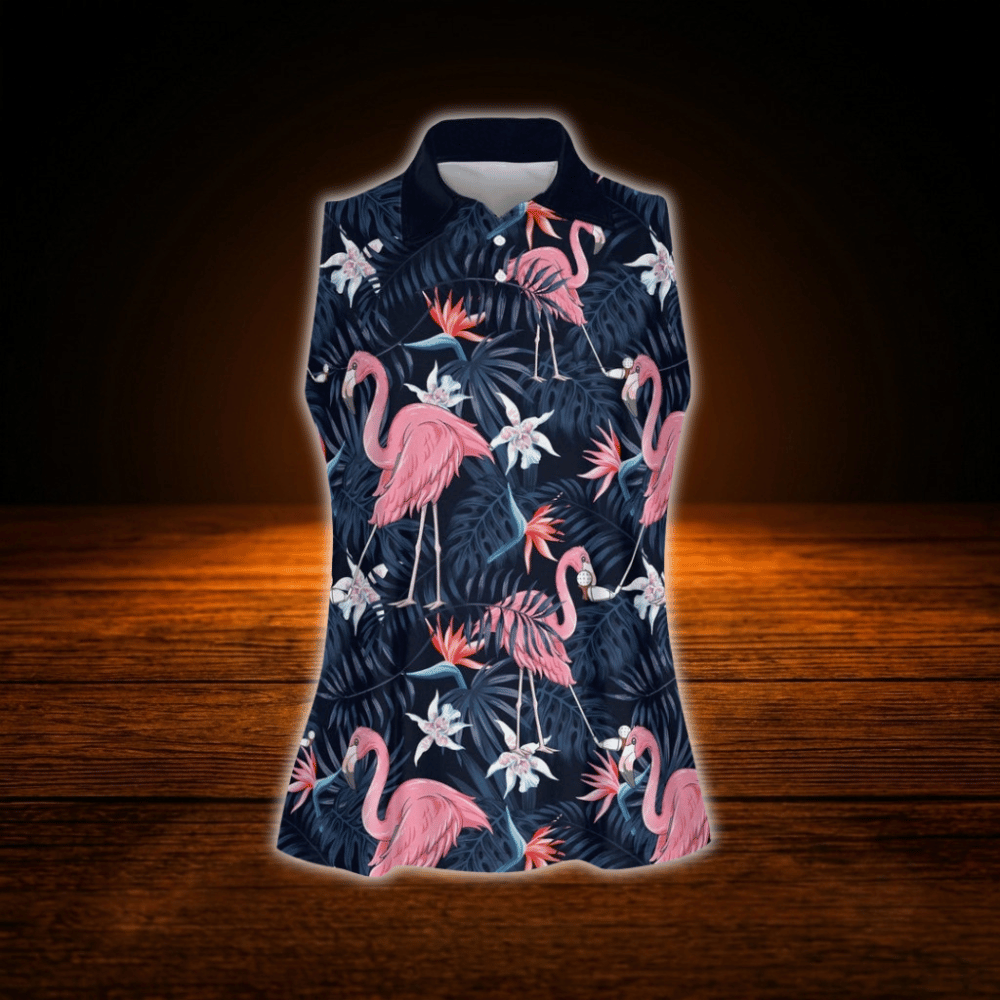 Women's Flamingo Tropical Sleeveless Golf Shirts, Flamingo Golf Shirts For Ladies