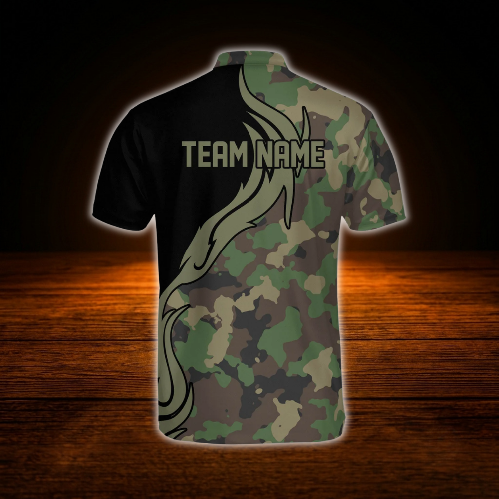 Green Camouflage Custom Mens Bowling Jersey, Custom Camo Bowling Shirt Team