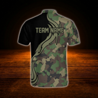 Green Camouflage Custom Mens Bowling Jersey, Custom Camo Bowling Shirt Team
