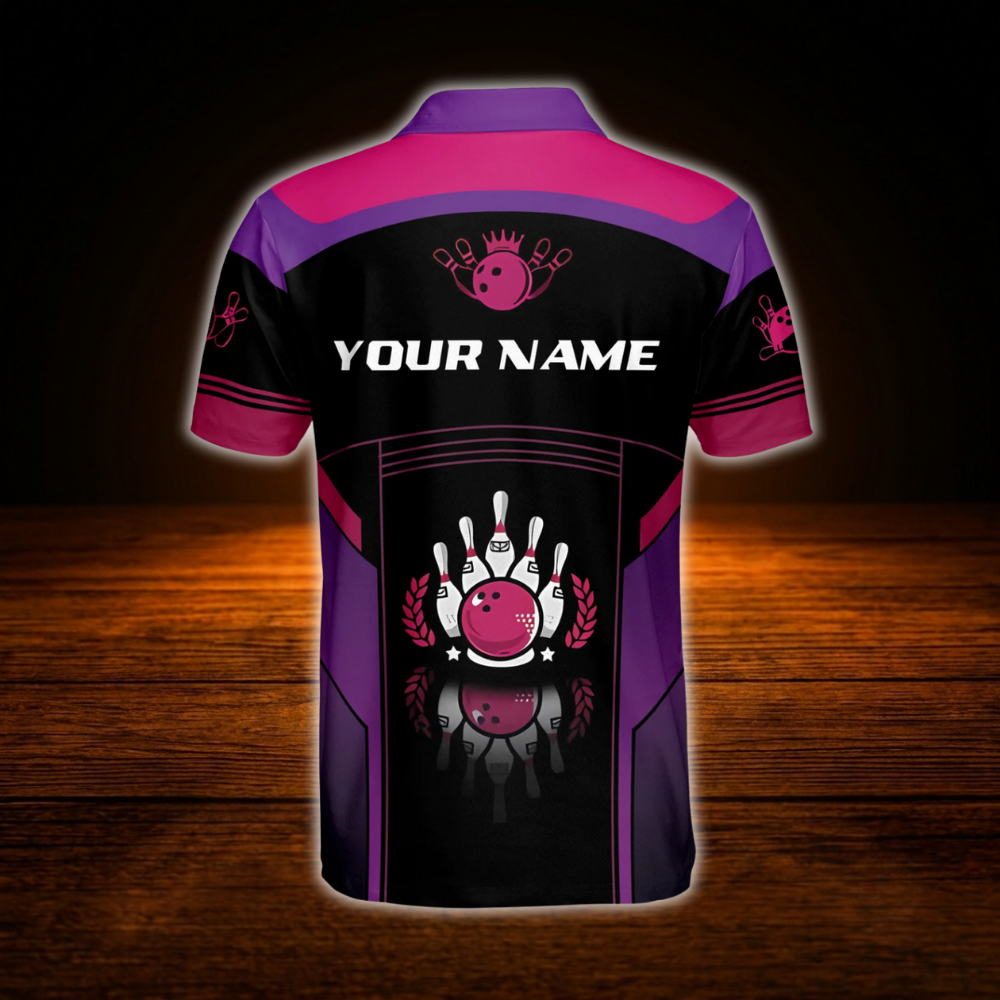 Custom Name Black Purple Bowling Polo Shirt For Men, Custom Bowling Shirt