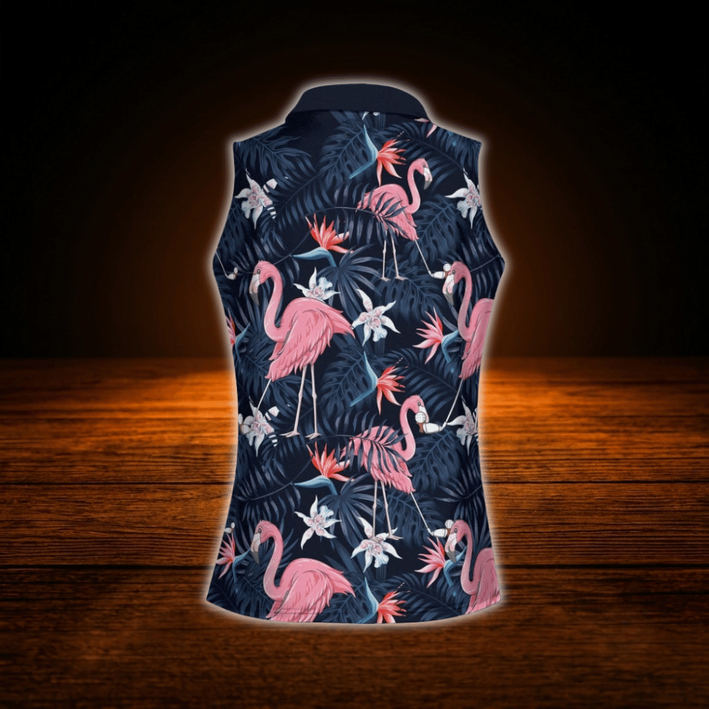 Women's Flamingo Tropical Sleeveless Golf Shirts, Flamingo Golf Shirts For Ladies