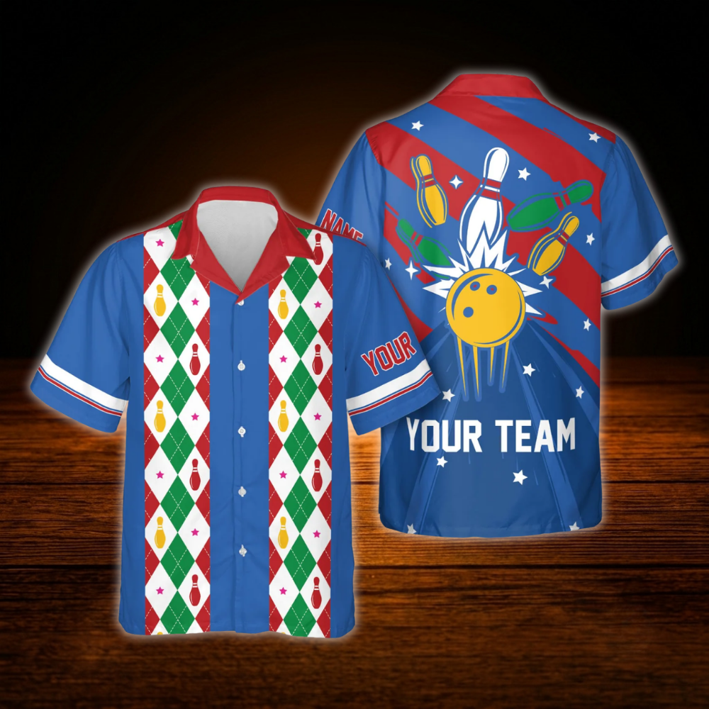 Blue Retro Custom Bowling Hawaiian Shirt, Custom Team Retro Bowling Shirt