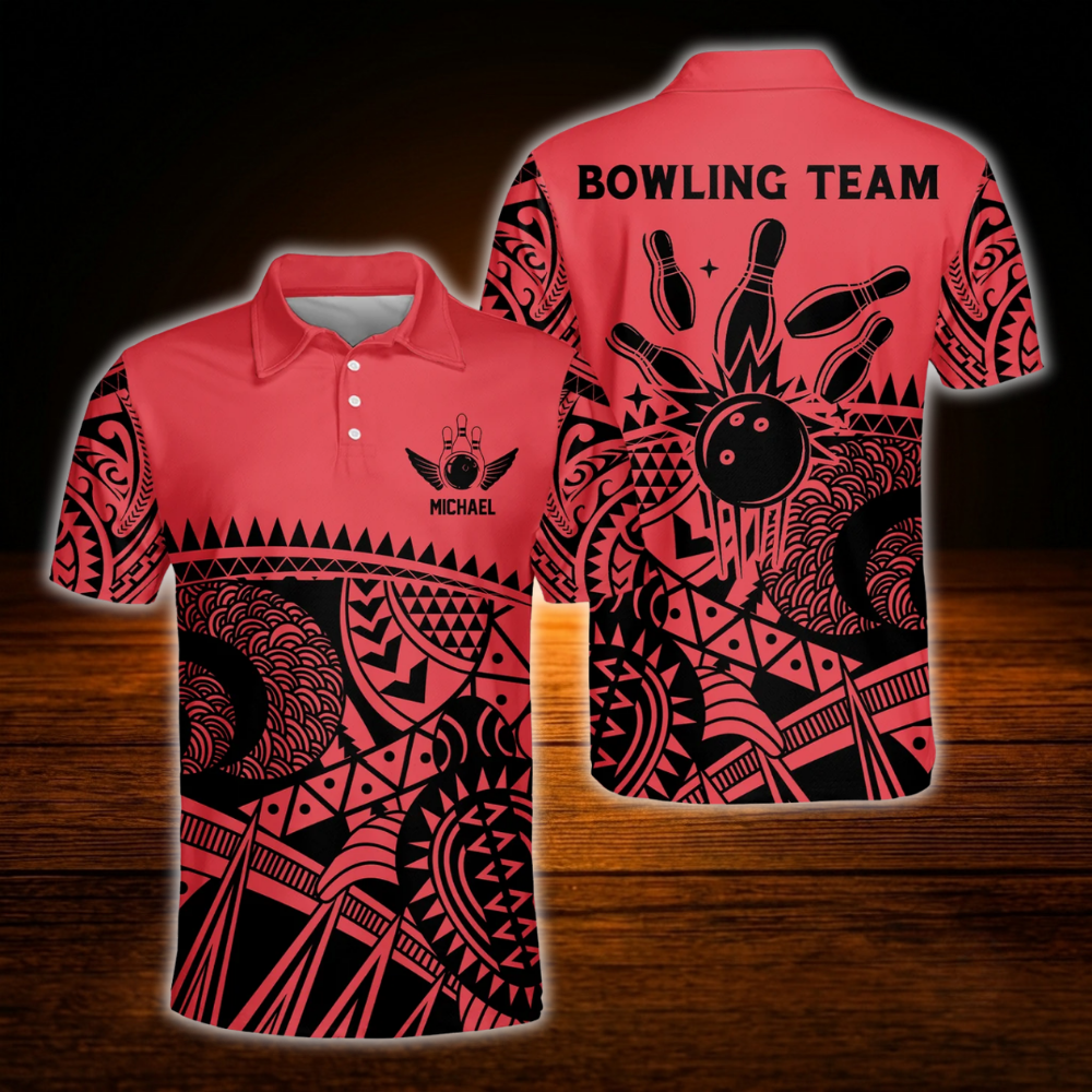 Custom Tribal Red Bowling Polo Shirt For Men, Custom Tribal Bowling Team Shirts