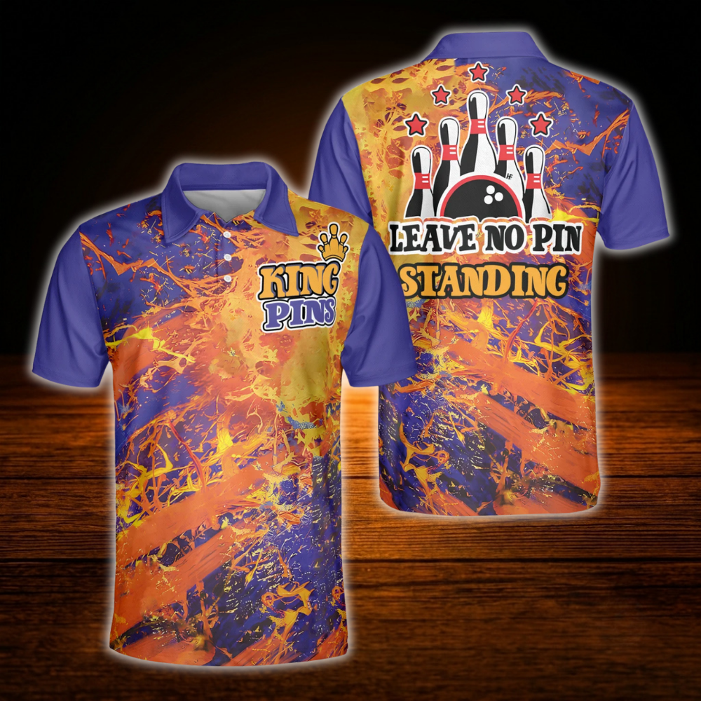 King Pins Leave No Pins Standing Men's Flaming Orange Purple Bowling Polo Shirt, Funny Bowling Shirt Men
