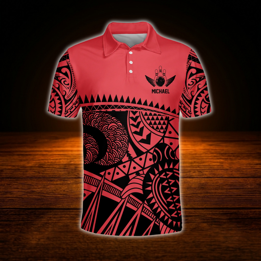 Custom Tribal Red Bowling Polo Shirt For Men, Custom Tribal Bowling Team Shirts