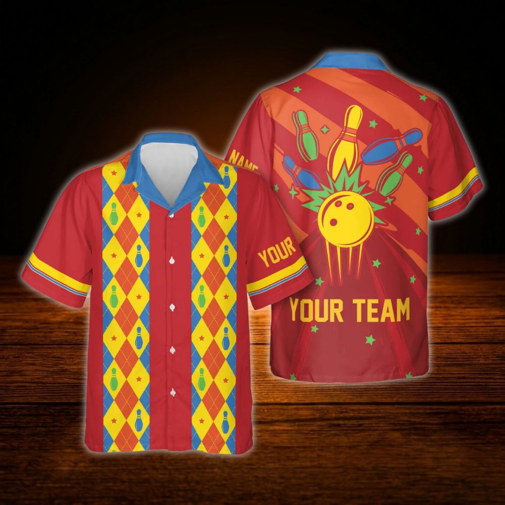 Blue Retro Custom Bowling Hawaiian Shirt, Custom Team Retro Bowling Shirt