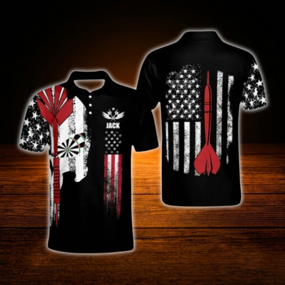 Skull USA Flag Custom Mens Dart Polo Shirt, Custom Skull Darts Shirt For Team