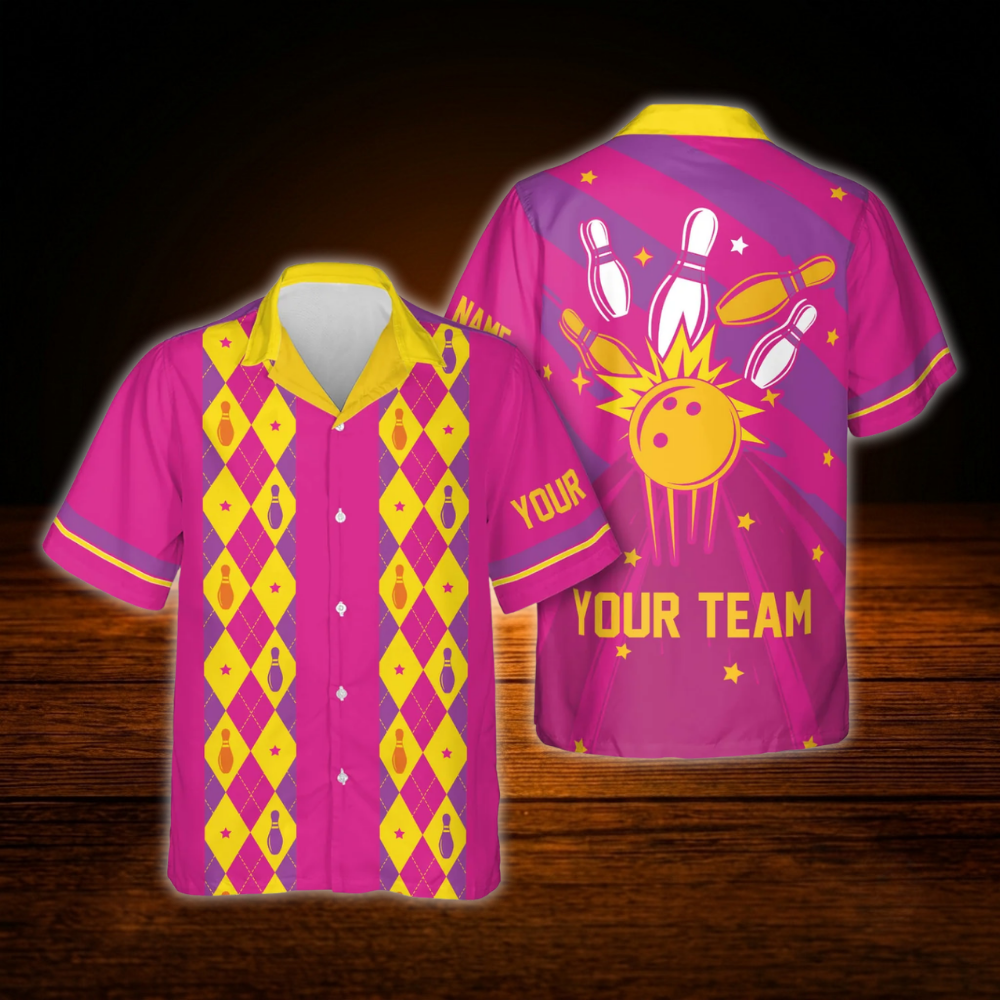 Blue Retro Custom Bowling Hawaiian Shirt, Custom Team Retro Bowling Shirt
