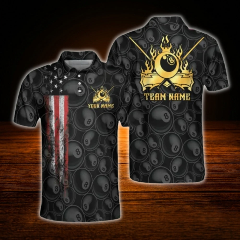 Custom 8 Ball Men's Black Gold Billiard Polo Shirt, Custom 8 Ball Team Billiard Shirt