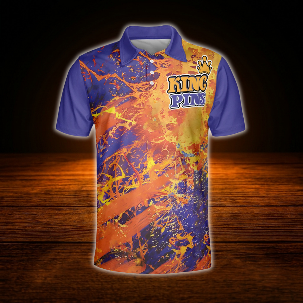 King Pins Leave No Pins Standing Men's Flaming Orange Purple Bowling Polo Shirt, Funny Bowling Shirt Men