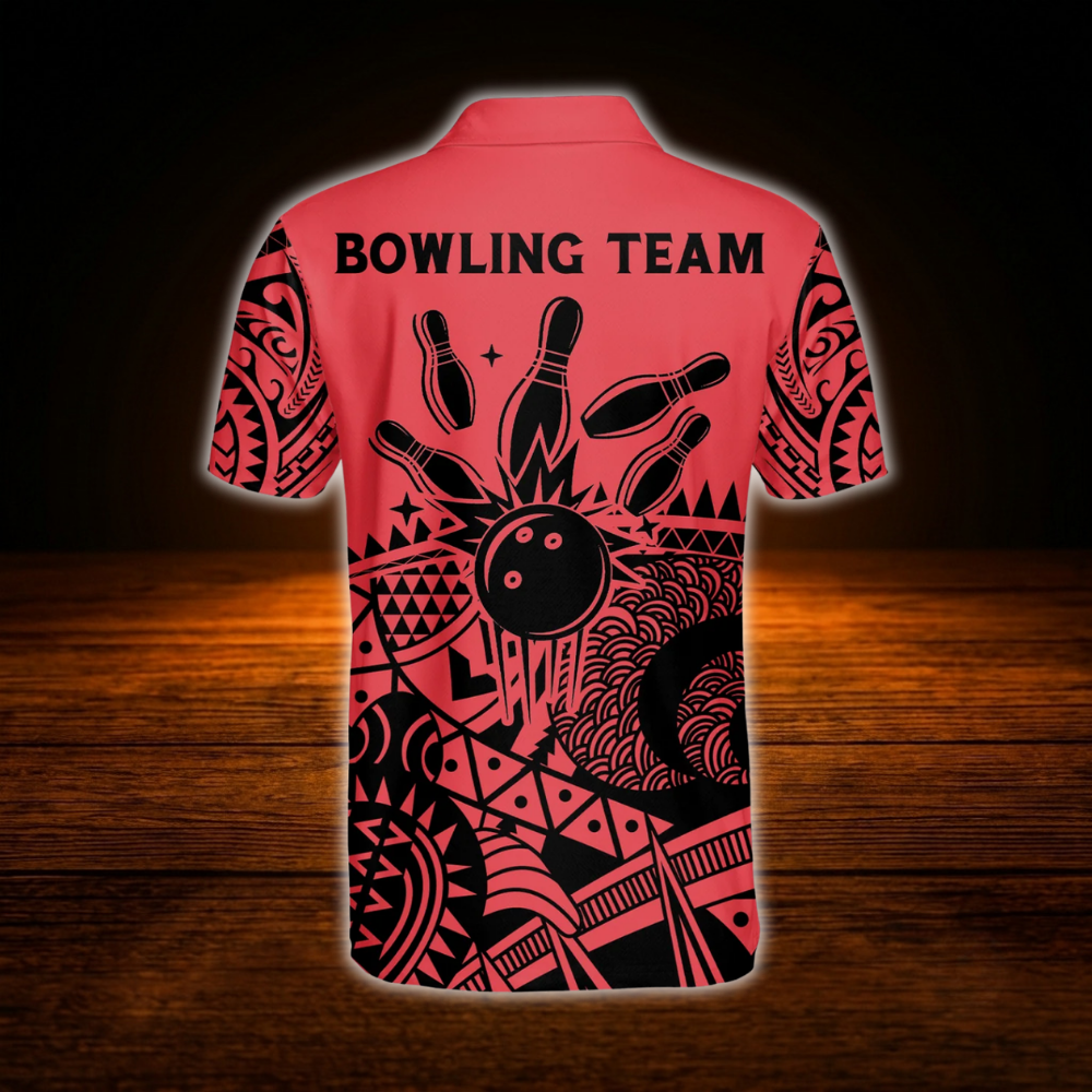 Custom Tribal Red Bowling Polo Shirt For Men, Custom Tribal Bowling Team Shirts