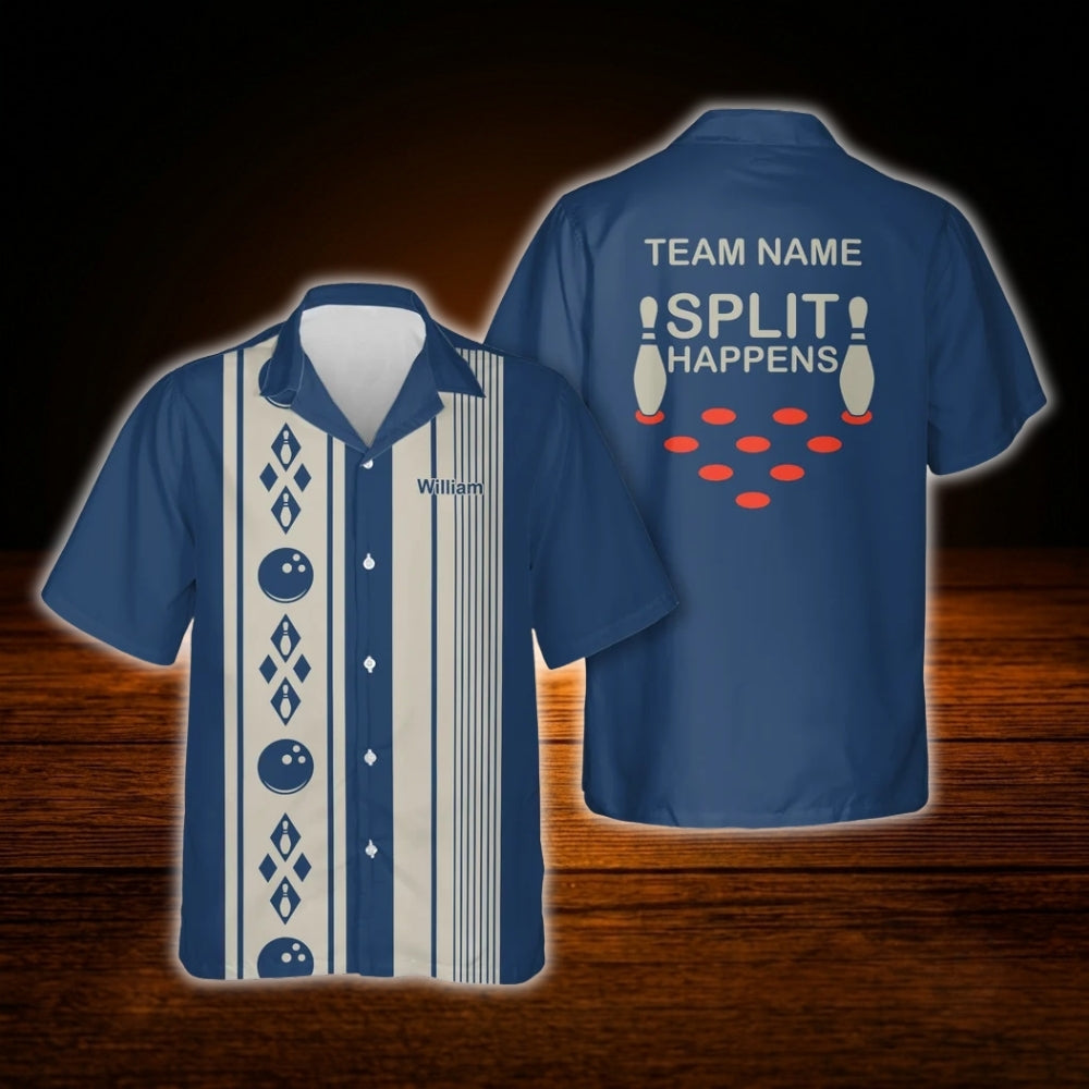 Split Happens Custom Navy Bowling Hawaiian Shirt, Custom Funny Bowling Shirt