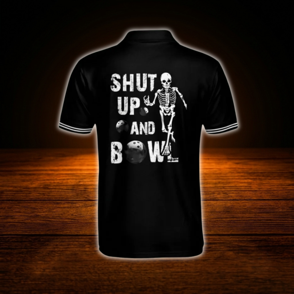 Custom Shut Up And Bowl Black Bowling Polo Shirt For Men, Custom Funny Skull Bowling Shirt