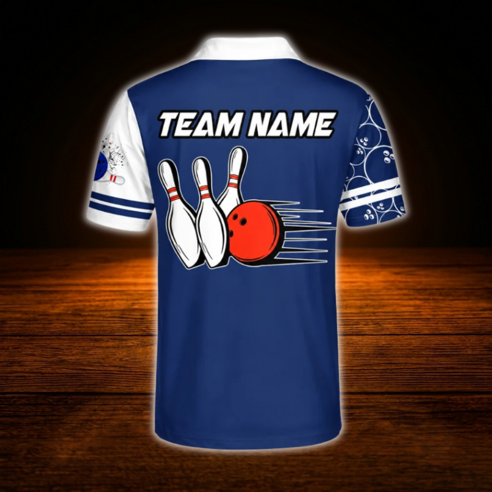 Custom Team Blue And White  Bowling Polo Shirts For Men, Custom Team Bowling Shirts