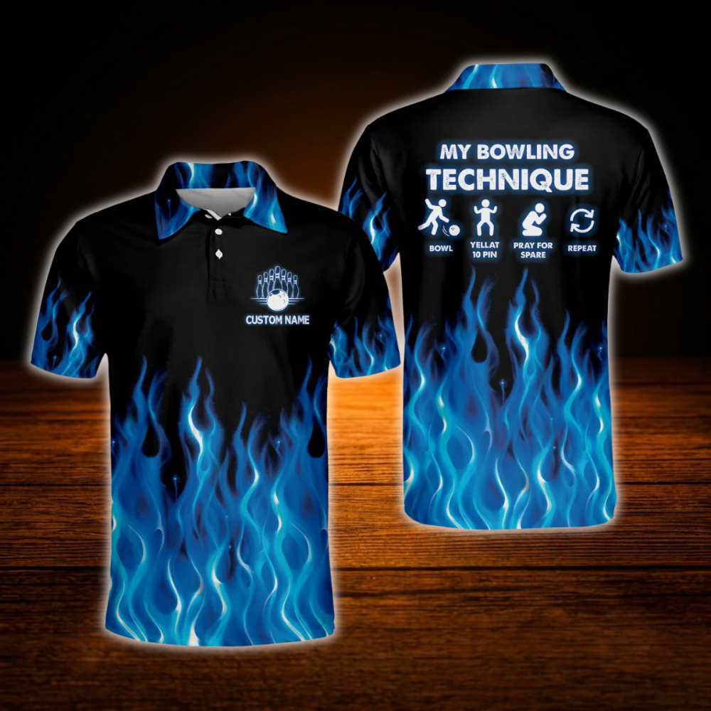 My Bowling Technique Custom Blue Flame Bowling Mens Polo Shirt, Custom Funny Flame Bowling Shirts