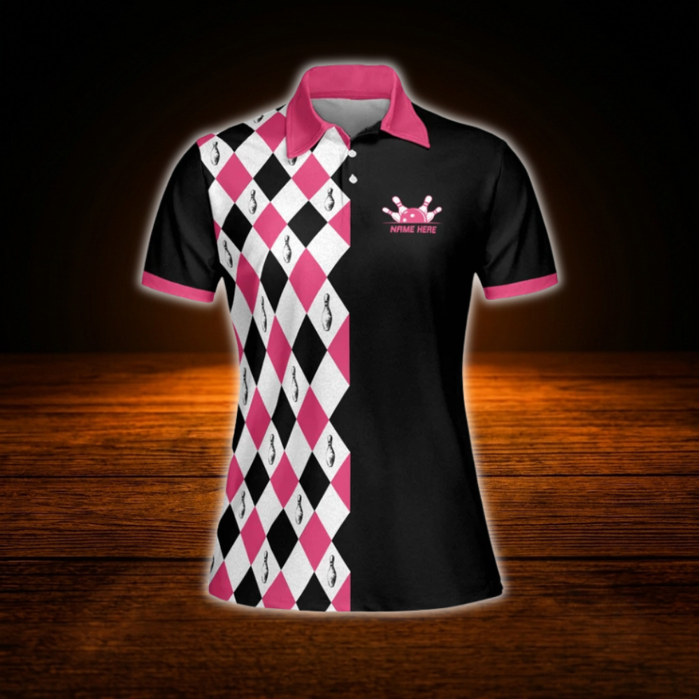 Yes I Do Bowl Like A Girl Try To Keep Up Custom Black And Pink Bowling Polo Shirts Women, Custom Funny Bowling Shirts For Women