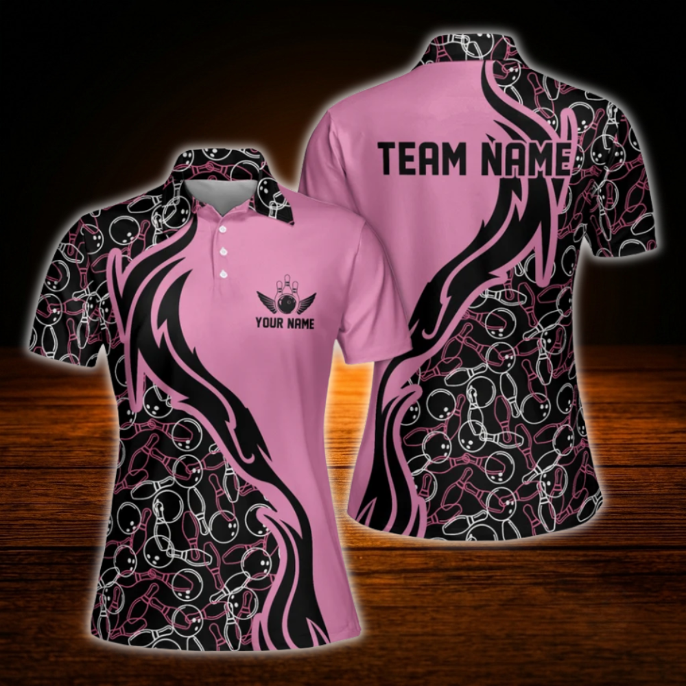 Custom Team Black And Pink Women Bowling Polo Shirts, Custom Team Bowling Shirts For Women