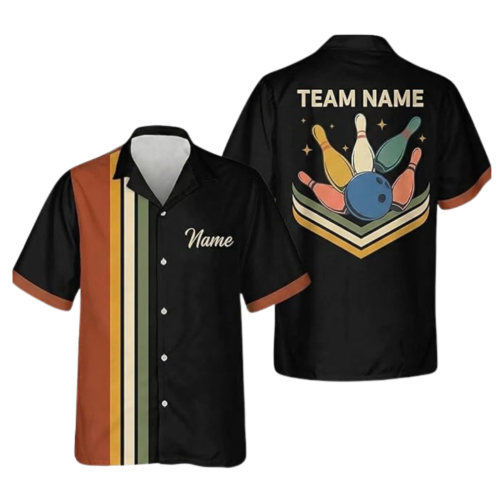 Custom Retro Black Bowling Hawaiian Shirt For Men, Custom Retro Bowling Team Shirts BZ0374