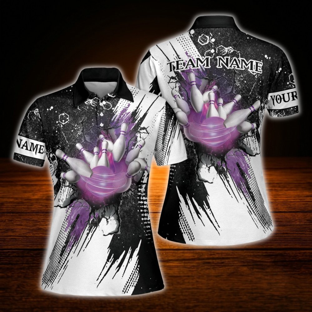 Custom Team Black And White Ladies Bowling Polo Shirts, Custom Bowling Team Shirts Women