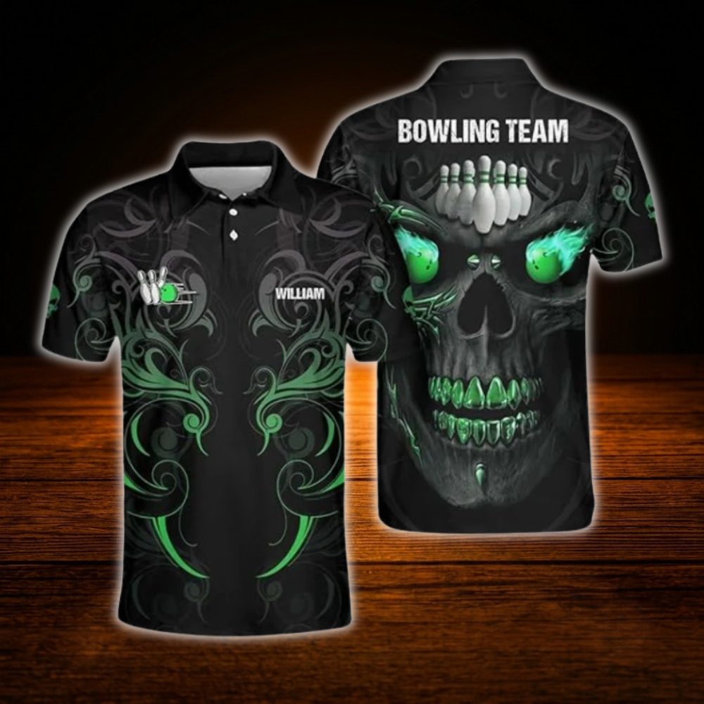 Custom Skull Flame Ball Bowling Mens Polo Shirts, Custom Skull Bowling Team Shirts
