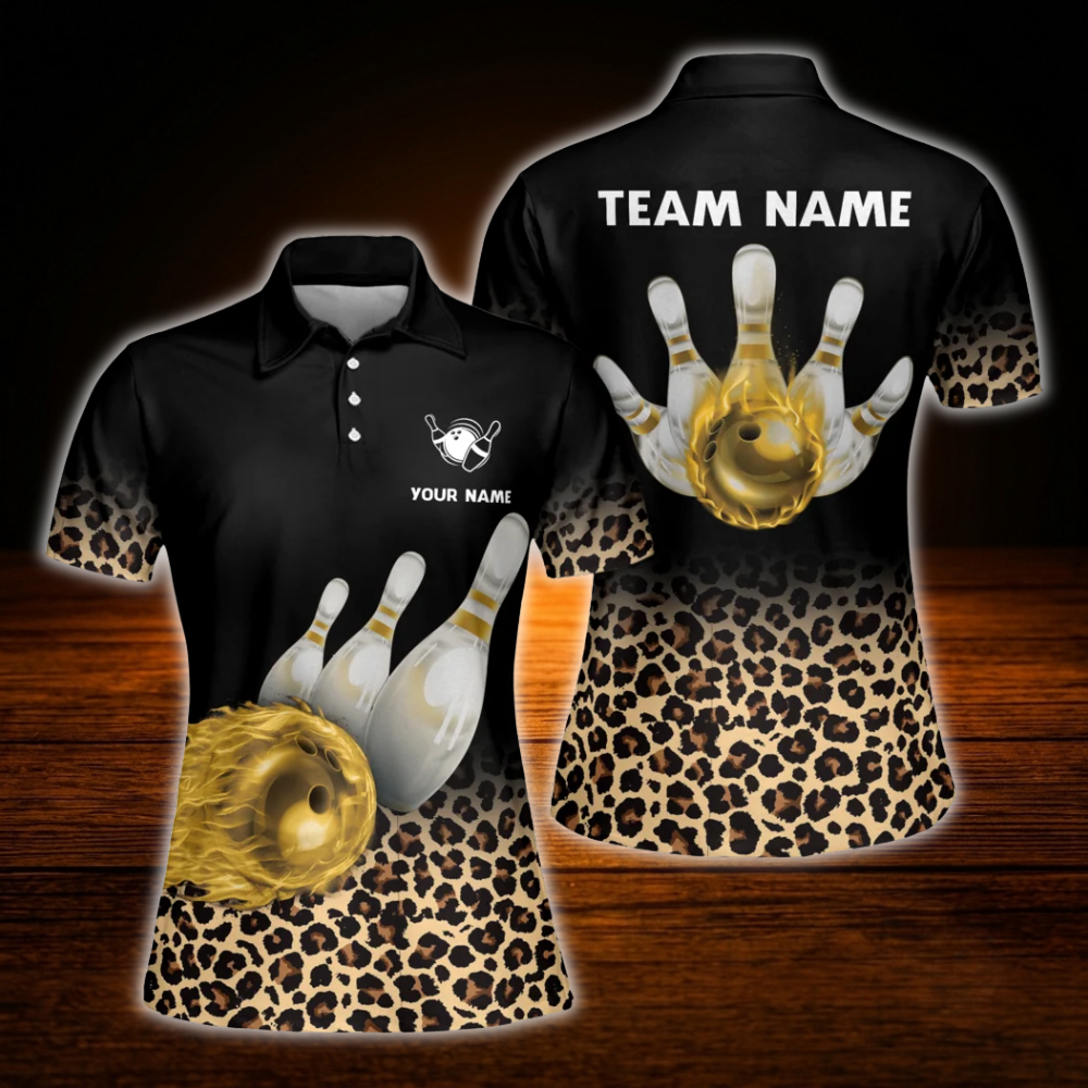 Custom Leopard Yellow Flame Ball Bowling Polo Shirts For Women, Custom Leopard Bowling Shirts For Women