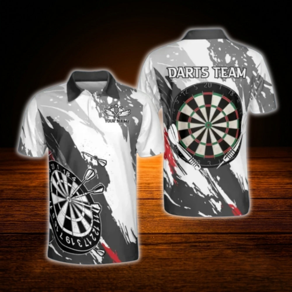 Custom Team Grey White Dart Polo Shirt For Men, Custom Darts Shirt