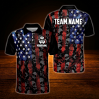 Custom Skull American Flag Bowling Polo Shirt Mens, Custom Patriotic Skull Bowling Team Shirts