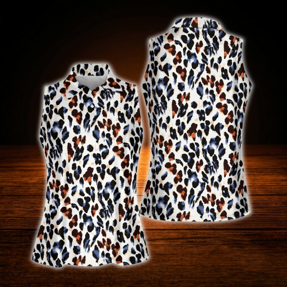 Leopard Women Sleeveless Golf Shirts, Leopard Golf Shirt For Women