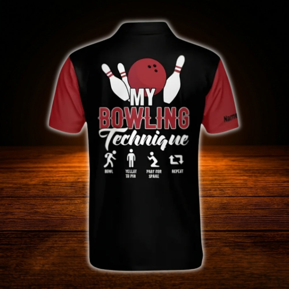 My Bowling Technique Custom Mens Black Red Bowling Polo Shirt, Custom Funny Bowling Shirt